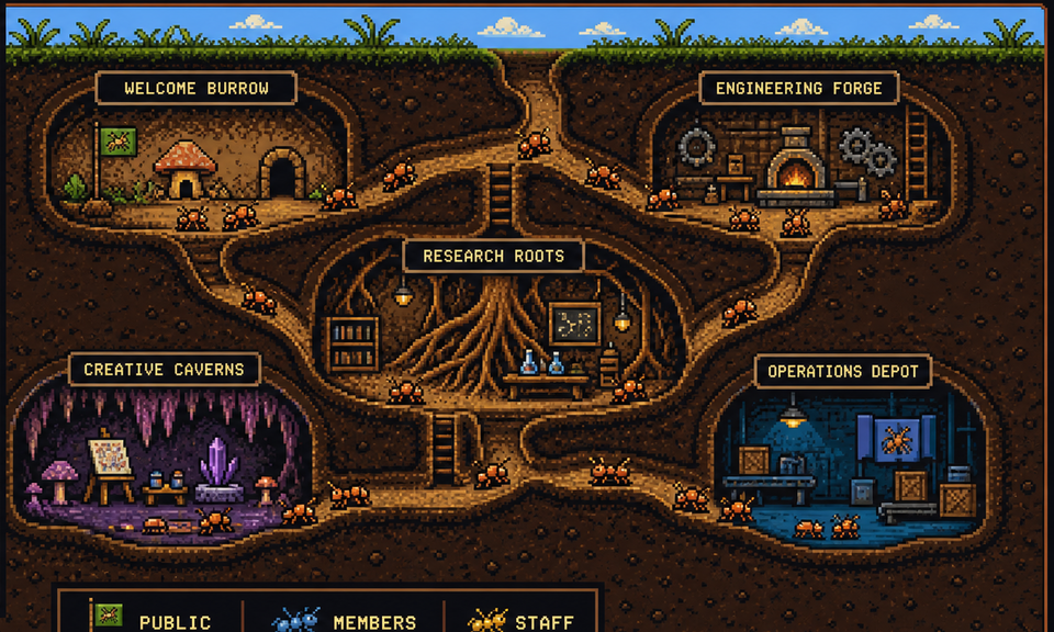 A detailed pixel-art ant nest with connected chambers and worker ants